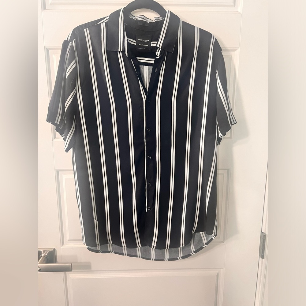 Denim & Flower Men's Short Sleeve Shirt Ricky Singh Black Large Button Striped